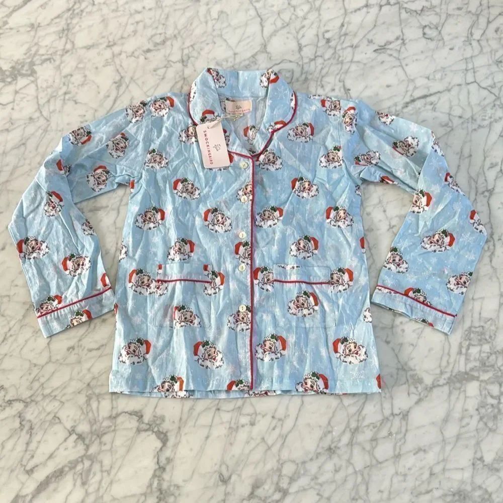 SMOCKING BIRD Vintage Santa Blue Button Down Kid’s Pajama Top NWT Sz 10